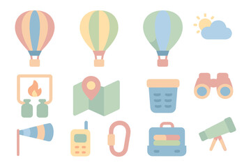 Pastel travel adventure vector illustration: hot air balloons, maps, and exploration icons for flat design