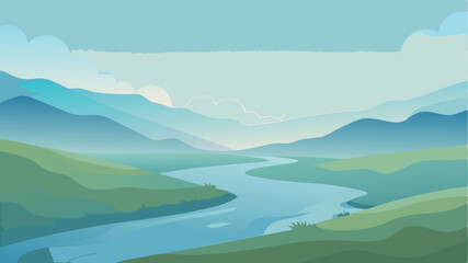 Serene River Valley Landscape:  Soft Blue Mountains, Gentle Green Hills, Tranquil River Winding Through, Peaceful Pastoral Scene, Minimalist Style Illustration.