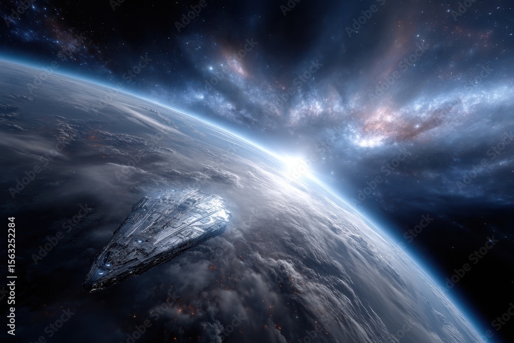 Poster spacecraft hovering above earth with a distant galaxy in the background during twilight