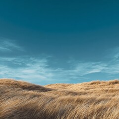 Fototapeta premium Expansive Golden Grassland Under Clear Blue Sky with Soft Clouds