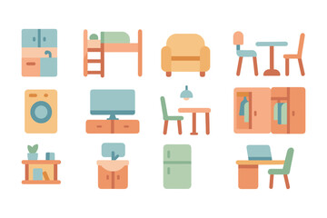 Cozy home furniture vector illustration in flat style for interior design and decor projects