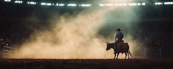 A cowboy rides a bull in a dusty arena, showcasing strength and skill in rodeo action.