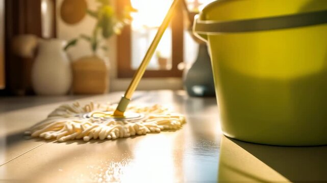 Cleaning tools on linoleum floor inside bright cozy apartment interior