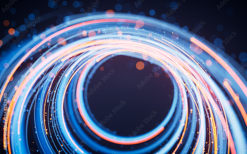 Poster rotating glowing vortex lines and particles background, 3d rendering.