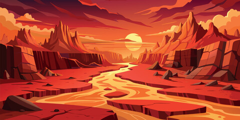 Fiery Sunset over Martian Canyon:  Stylized Vector Illustration of an Alien River Landscape, Dramatic Red Hues,  Epic and Surreal Mood.