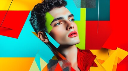 A stylish male model with a modular, vibrant 80's retro colorful, geometric background, fashion poster and beauty advertising concept