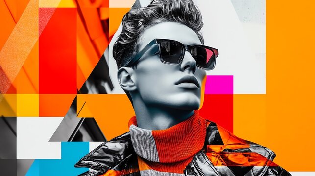A stylish male model in black and white with a modular, vibrant 80's retro colorful, geometric background, fashion poster and beauty advertising concept