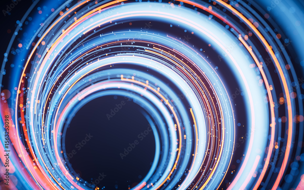 Poster rotating glowing vortex lines and particles background, 3d rendering.