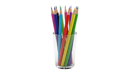 Fototapeta premium Colorful pencils clustered in a clear glass cup against a white background.