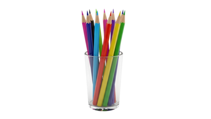 Colorful pencils clustered in a clear glass cup against a white background.