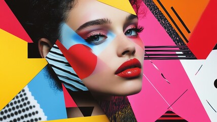 A stylish Female model  with a modular, vibrant 80's retro colorful, geometric background, fashion poster and beauty advertising concept