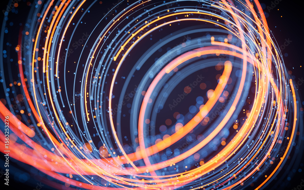 Poster rotating glowing vortex lines and particles background, 3d rendering.