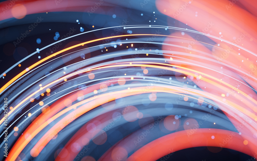 Poster rotating glowing vortex lines and particles background, 3d rendering.