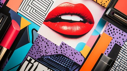 A collage of makeup, pressed powder, lipsticks and red lips, vibrant retro colorful, geometric background, fashion poster and beauty advertising concept