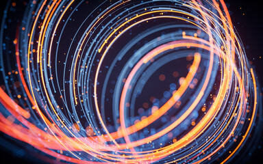 Rotating glowing vortex lines and particles background, 3d rendering.