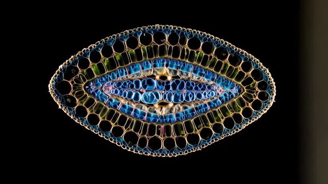 Microscopic cross section of plant leaf vasculature showing cells and vascular bundles in bright color, isolated on black background