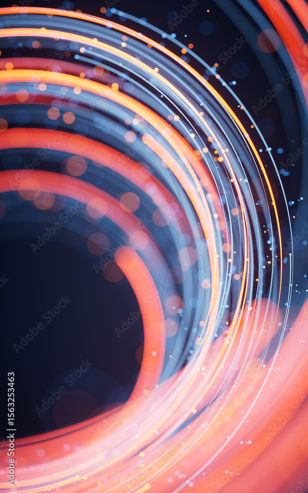 Poster rotating glowing vortex lines and particles background, 3d rendering.