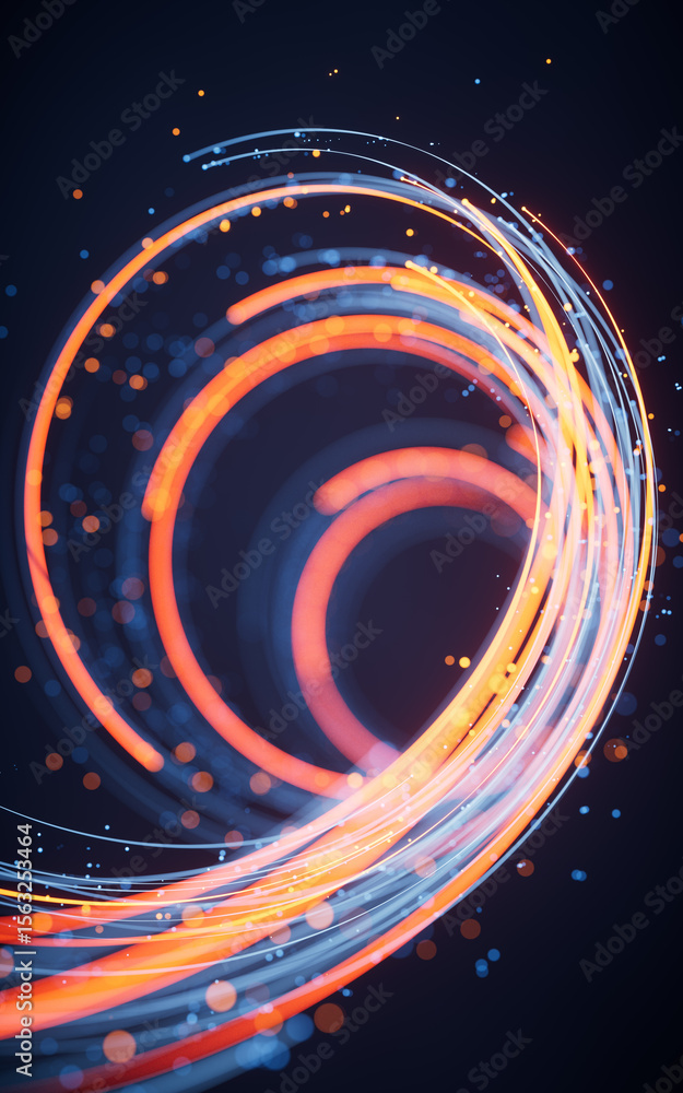 Poster rotating glowing vortex lines and particles background, 3d rendering.