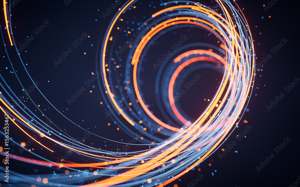 Poster rotating glowing vortex lines and particles background, 3d rendering.