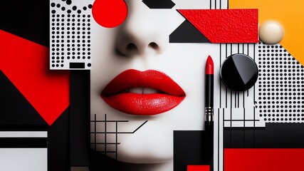 A collage of makeup, pressed powder, lipsticks and red lips, vibrant retro colorful, geometric background, fashion poster and beauty advertising concept