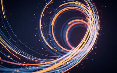 Rotating glowing vortex lines and particles background, 3d rendering.