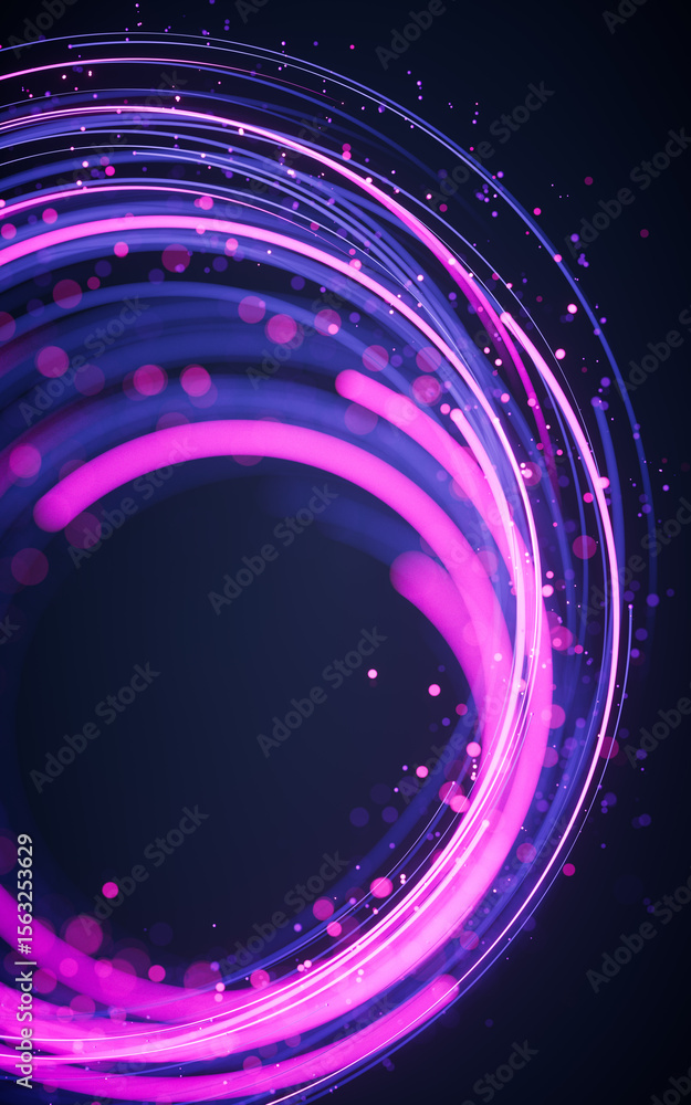 Poster rotating glowing purple vortex lines and particles background, 3d rendering.