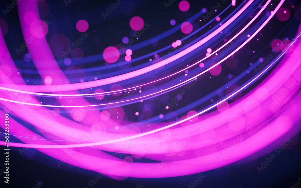 Poster rotating glowing purple vortex lines and particles background, 3d rendering.