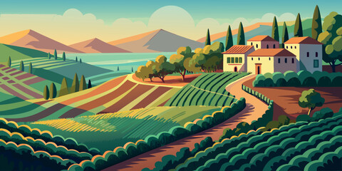 Tuscan Villa Landscape: Vibrant Summer Hills, Rolling Vineyards, and Serene Mediterranean Sea View;  Stylized Vector Illustration.