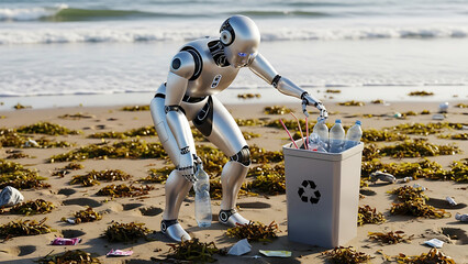 Robot Cleaning Beach Trash – AI Technology Cleaning Plastic Waste on Shore