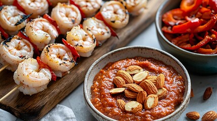 Fototapeta premium Romesco sauce being used as a dip for grilled shrimp skewers, with a bowl of roasted almonds and red peppers beside it.
