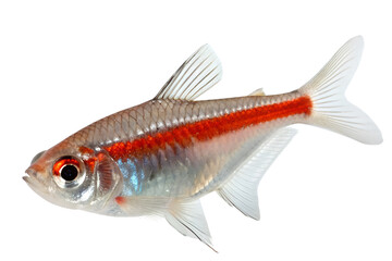 Fototapeta premium A transparent background showcases a small, silver fish with a red stripe along its side. The fish has a streamlined body and delicate fins.