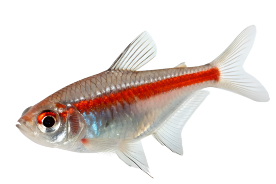 A transparent background showcases a small, silver fish with a red stripe along its side. The fish has a streamlined body and delicate fins.