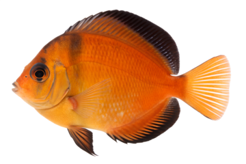 A vibrant orange fish with a streamlined body and distinct fins. The fish is depicted against a transparent background, showcasing its bright coloration and details.