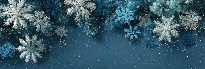 Winter wonderland scene featuring snowflakes and frosted pine branches against a dark blue background
