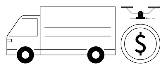 Delivery truck, drone, and dollar sign illustrating logistics, shipping, e-commerce, technology, cost management, supply chain and innovation. Ideal for delivery business finance modern