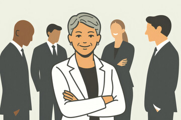illustration of a smiling businesswoman with colleagues in the background.