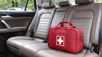 Red first aid kit bag placed on backseat of a modern car, emphasizing emergency preparedness, travel safety and medical readiness while on the road.