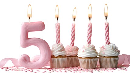Minimalist 5th Birthday Celebration Scene – Pink Number Candle with Cupcakes, Striped Candles, and Heart Confetti on Soft White Background