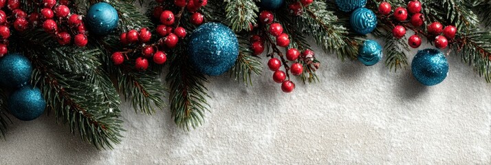 Festive holiday decorations with blue ornaments and red berries arranged on a textured white background