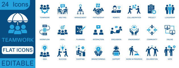 Teamwork Icon Set. Containing collaboration, communication, partnership, meeting, planning, workflow, projects, discussion, and group activities for seamless teamwork. perfect flat icon collection.