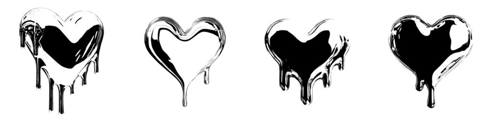 Naklejka na ściany i meble A 3D heart icon with a chrome finish and melting effect is depicted in a Y2K style against a white backdrop, featuring a glossy gradient