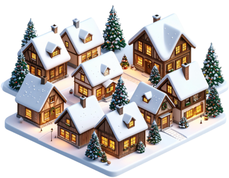 Isometric Snowy Christmas Village with Glowing Houses and Trees Transparent PNG