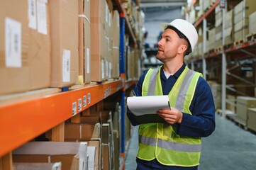 Warehouse worker checking his list on clipboard in a large warehouse