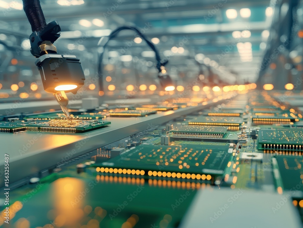 Poster close-up of a robotic arm assembling circuit boards in a high-tech facility.
