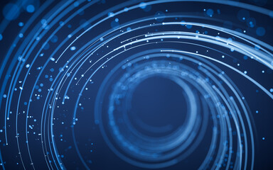 Rotating glowing vortex lines and particles background, 3d rendering.