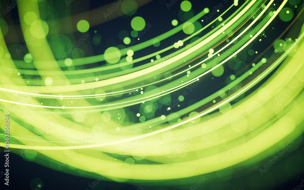 Poster rotating glowing green vortex lines and particles background, 3d rendering.