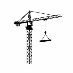 A black and white illustration of a tall construction crane lifting a rectangular object.