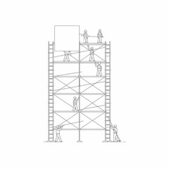 Line drawing of workers constructing a tall scaffolding structure with a blank sign at the top.