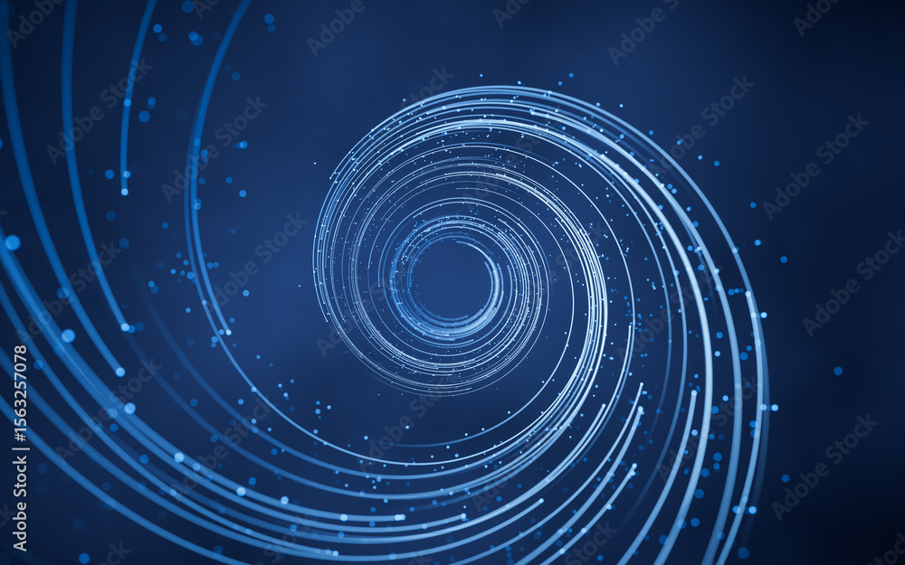 Poster rotating glowing vortex lines and particles background, 3d rendering.