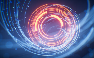 Rotating glowing vortex lines and particles background, 3d rendering.